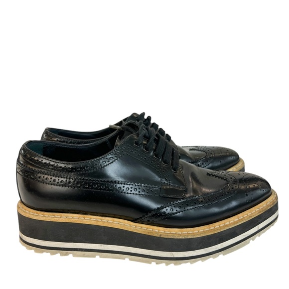 Prada Black Brogue Leather Platform Low Top Sneakers - Picture 1 of 7